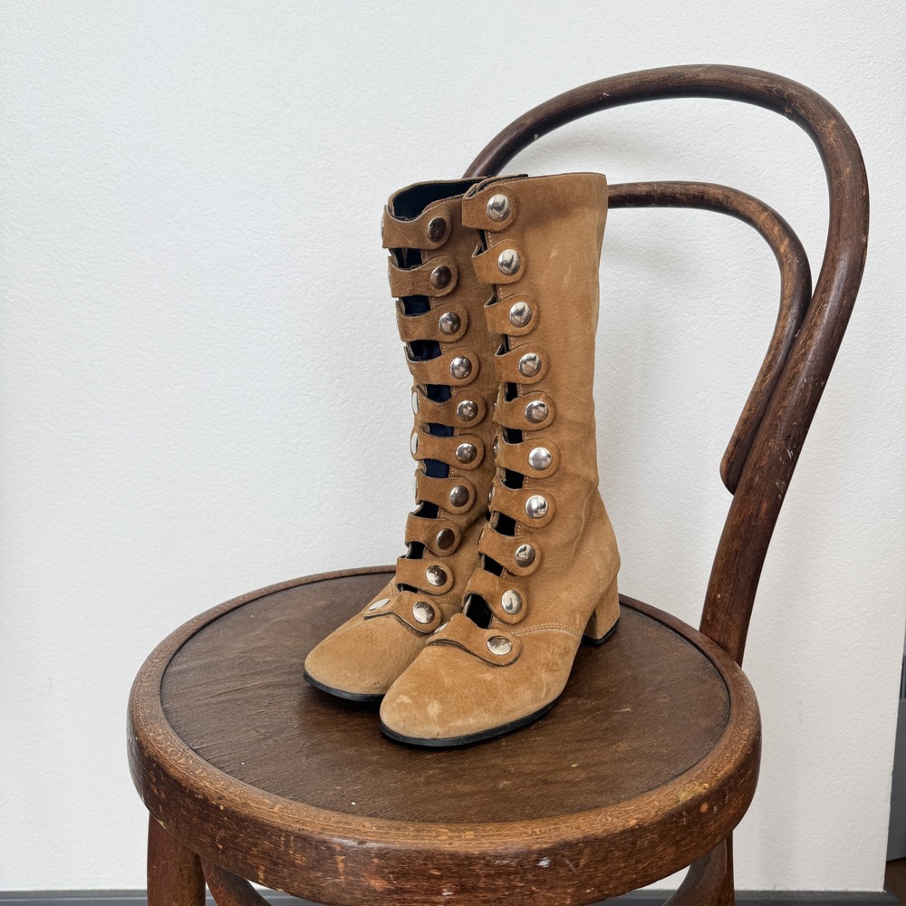 Vintage 60s/70s Tan Suede Studded Mid Calf Boots Strappy Block Heel 6M